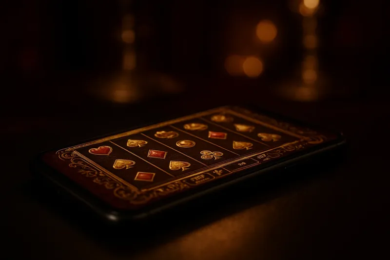 Smartphone face-up with glowing casino game grid on dark surface