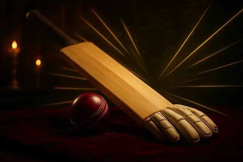 Cricket Betting Gear Close-up cricket equipment with neon speed lines and holographic betting interface