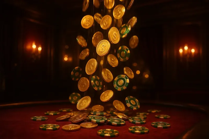 Golden coins and casino chips falling with green neon lighting