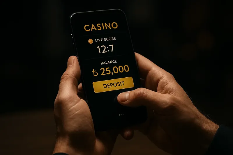 Man typing on smartphone with casino app and taka deposit confirmation