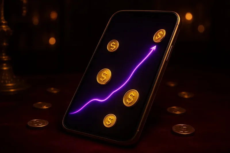 Mobile crash game interface with glowing curve graph and coins