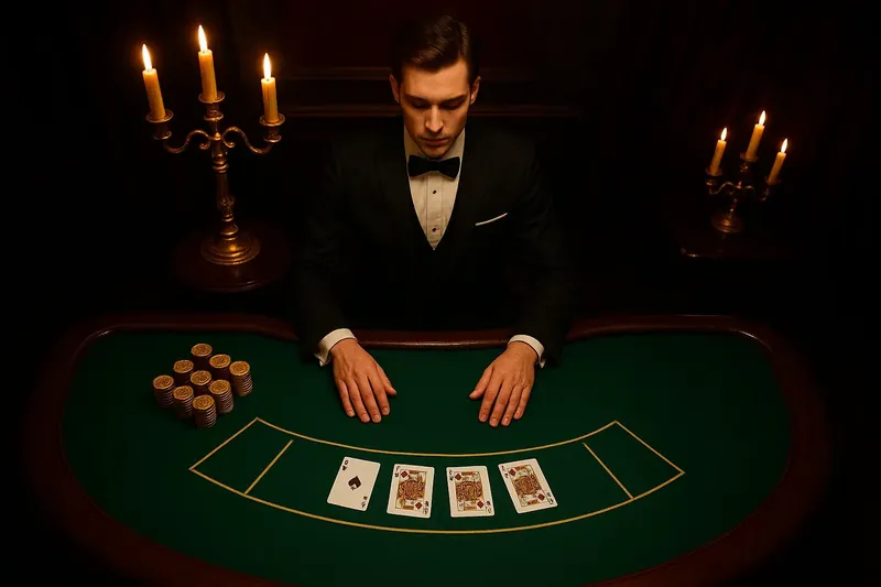 Elegant Live Casino Professional dealer at green felt live casino table with golden chips