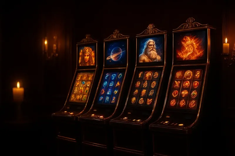 Five vivid video slot screens with neon lighting and themed visuals